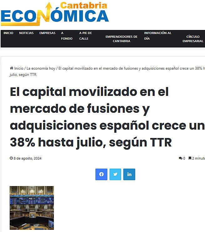 El capital movilizado en el mercado de fusiones y adquisiciones espaol crece un 38% hasta julio, segn TTR